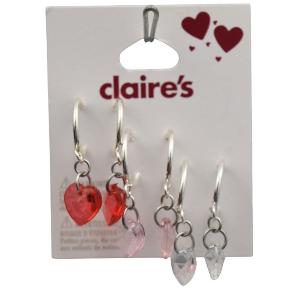 Claires Heart Shaped Hoop Earrings Set of 3 Red Pink Clear Silver Tone